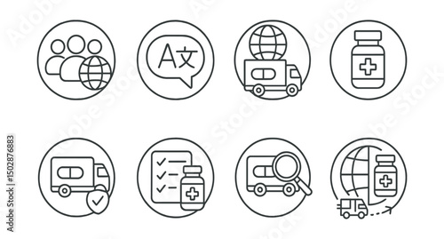 Line style icons of medicine delivery (circular): multilingual delivery guide, language switch badge, translation bubble icon, international delivery label, location-specific compliance,