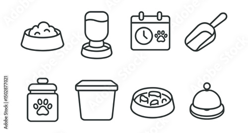 Line style icons of pet care: dog food bowl, water dispenser, pet feeding schedule, portion scoop, treat jar, food container with lid, slow feeder, meal time bell.