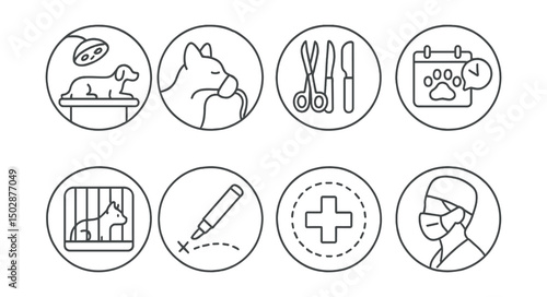 Line style icons of veterinary care (circular): pet surgery icon, animal anesthesia badge, surgical tools ring, operation schedule bubble, recovery kennel symbol, incision marker icon, sterile zone