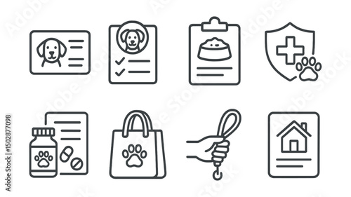 Line style icons of pet care: pet sitter card, daily care checklist, feeding instructions icon, emergency protocol, medication log, sitter welcome pack, leash handoff icon, return home note.