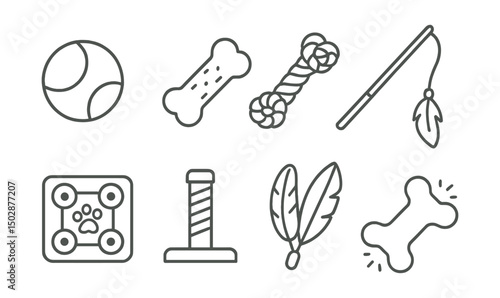 Line style icons of pet care: playtime ball, chew toy, rope tug, cat teaser wand, treat puzzle, scratch post, feather toy, squeaky bone.