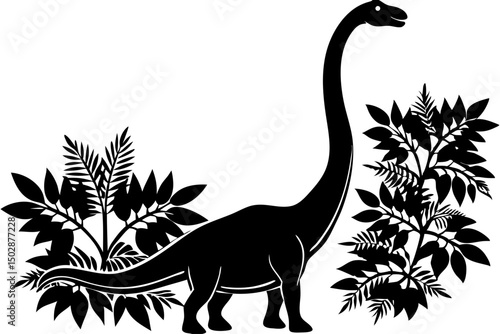 Majestic Prehistoric Sauropod Dinosaur in Lush Prehistoric Flora, dinosaur, sauropod, prehistoric, flora, powerful, evolution, picture, monochrome, fossil, jungle, good, clip, science, artwork, world