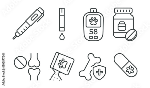 Line style icons of veterinary pharmacy: pet insulin pen, glucose test strip, blood sugar monitor for pets, special diet supplement, joint health tablet, probiotic powder, immune booster treat,