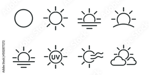 Line style icons of sunny weather: clear sun, sun with rays, sun over horizon, sunrise, sunset, UV index, warm breeze, bright sky.