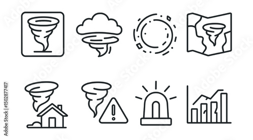 Line style icons of extreme weather: tornado watch icon, rotating cloud base, debris path ring, safe zone map, twister over house symbol, funnel formation alert, warning siren badge, aftermath damage