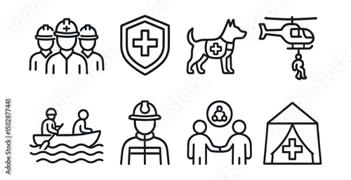 Line style icons of extreme weather: disaster response team, rescue operation badge, search and rescue dog, helicopter lift icon, flood rescue boat, fire crew icon, volunteer coordination, triage