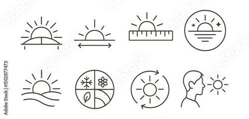 Line style icons of daylight changes: sunrise time chart, sunset schedule, day length ruler, blue hour badge, golden hour icon, seasonal daylight ring, circadian rhythm icon, light exposure guide.