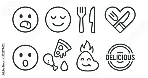Line style icons of food emotions: hungry face, satisfied face, food heart icon, craving symbol, food coma emoji, spicy warning, sweet smile, delicious stamp.