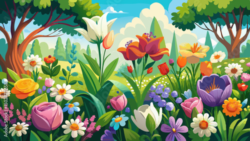 Various spring flower bushes bloom vibrantly outdoors, surrounded by colorful flowers and fresh grass. This lively garden scene captures the essence of renewal, nature’s charm, and seasonal beauty.