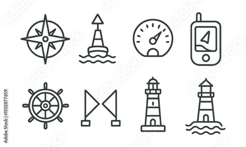 Line style icons of maritime navigation: compass rose, navigation buoy, depth meter, marine GPS icon, ship wheel, port and starboard icons, lighthouse, tide chart.