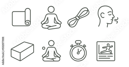 Line style icons of yoga and stretching: yoga mat, lotus pose icon, stretching band, breathing icon, yoga block, calm posture symbol, timer for poses, flexibility chart.