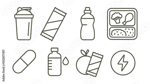 Line style icons of sports nutrition: protein shaker, energy bar, sports drink bottle, meal prep box, supplement capsule, hydration tracker, post-workout snack, electrolyte symbol.