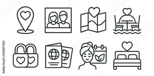 Line style icons of romantic travel: heart location pin, couple photo icon, shared itinerary, sunset dinner, love lock bridge, couple passport, spa booking, honeymoon suite.
