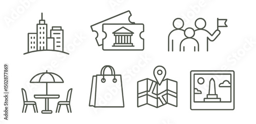 Line style icons of city tourism: skyline view, museum ticket, city bus tour, guided group icon, café table, shopping bag, street map, monument photo.