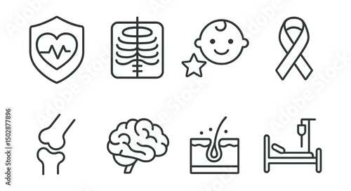 Line style icons of hospital departments: cardiology badge, radiology icon, pediatrics symbol, oncology tag, orthopedics joint, neurology brain, dermatology skin, intensive care unit.