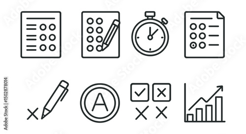 Line style icons of exams and grades: multiple choice sheet, pencil bubble form, timer icon, answer key, red pen correction, grade A stamp, pass/fail icon, score chart.