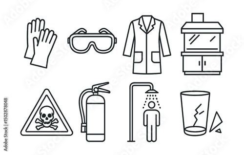 Line style icons of lab safety: gloves icon, eye protection, lab coat, fume hood, chemical hazard sign, fire extinguisher, emergency shower, broken glass alert.
