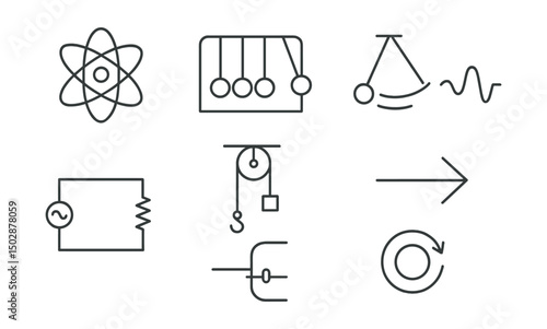 Line style icons of physics: atom model, Newton’s cradle, pendulum swing, wave frequency, circuit diagram, pulley system, force arrow, kinetic energy icon.