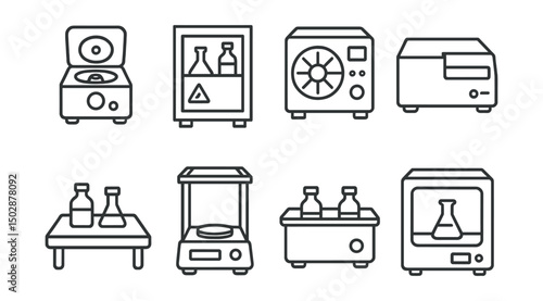 Line style icons of lab equipment: centrifuge, chemical cabinet, autoclave icon, spectrometer, shaker table, lab balance, water bath, incubator.