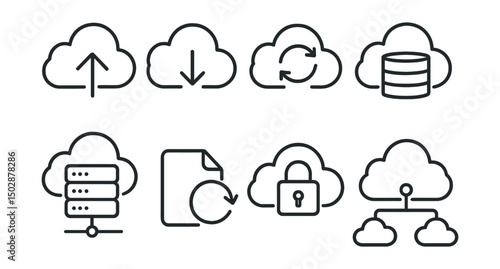 Line style icons of cloud computing: cloud upload, cloud download, cloud sync, cloud storage icon, remote server, file backup symbol, cloud lock, distributed cloud.