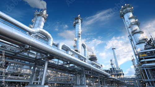 Une raffinerie de pétrole en pleine production, avec des tuyaux et des tubes visibles