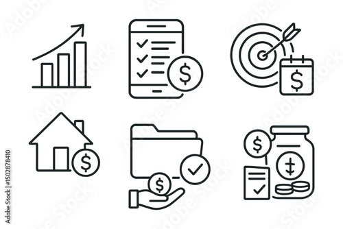 Line style icons of personal finance: income chart, expense tracker, savings goal, monthly budget, household spending icon, financial plan folder, debt payment, emergency fund jar.