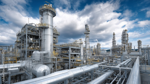 Une raffinerie de pétrole en pleine production, avec des tuyaux et des tubes visibles