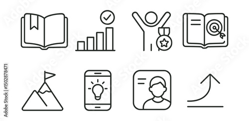 Line style icons of personal growth: book with bookmark, habit streak chart, personal milestone, goal journal, challenge icon, learning app, reflection icon, improvement arrow.