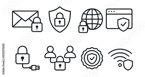 Line style icons of secure connections: encrypted message, VPN shield, safe network symbol, HTTPS icon, lock with network cable, private connection icon, internet safety badge, Wi-Fi with shield.