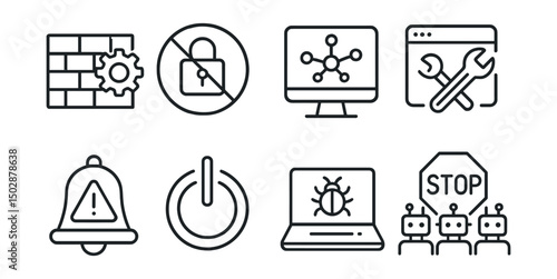 Line style icons of cyber attack prevention: firewall configuration, blocked access icon, network monitoring, system patch update, alert bell with exclamation, emergency shutdown, intrusion alert,