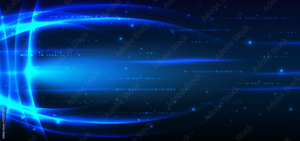 Obraz premium Abstract technology futuristic glowing lines neon blue light ray on dark blue background with square pattern digital element.