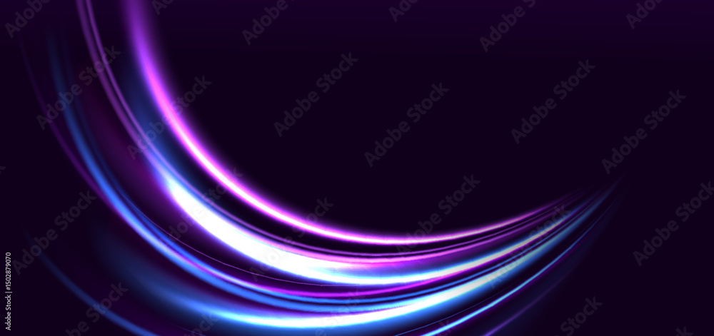 Naklejka premium Elegant glowing purple and blue curved rays on dark purple background.