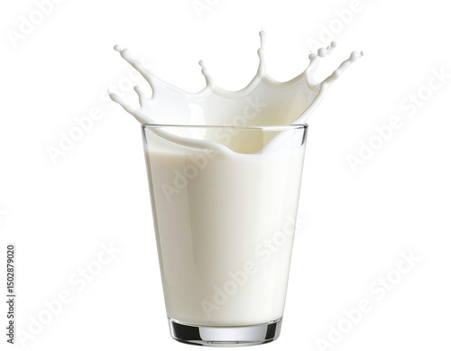 Splashing Milk in Transparent Glass with Dynamic Motion, side angle, isolated on transparent background
