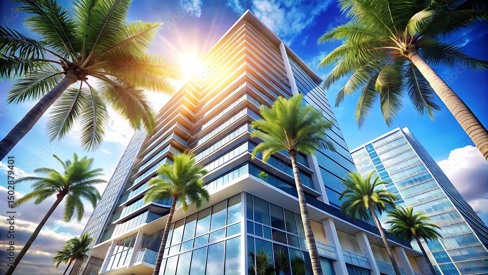 Fototapeta premium Modern luxury highrise building in tropical paradise setting with palm trees and sunny sky
