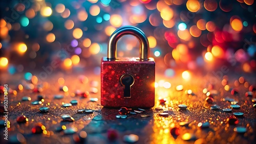 Red padlock on glittering surface with festive bokeh lights background