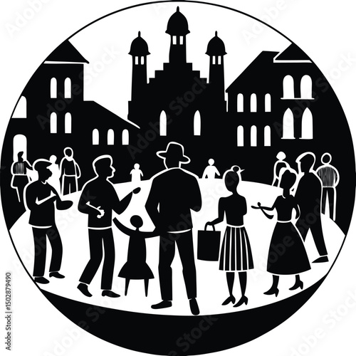 a crowded city square with street performers entertaining the crowd