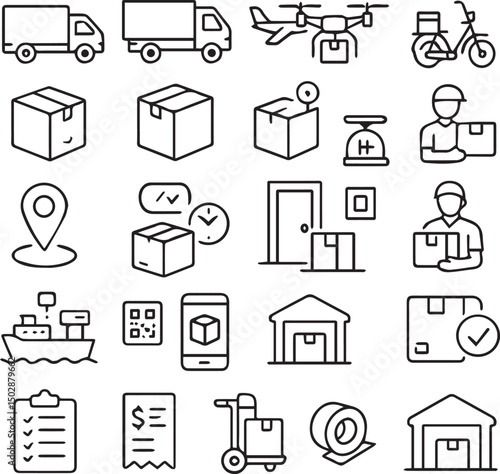 set of delivery icons. cargo van, truck, delivery boy, parcel, ship, location, tape