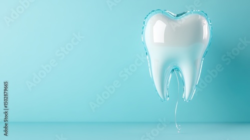 A playful balloon shaped like a tooth floats against a soothing teal background, representing fun dental education aimed at children and promoting good oral hygiene habits.