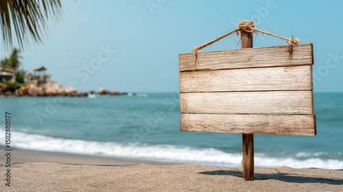 Fototapeta Naklejka Na Ścianę i Meble -  Ultra quality image of simple wooden sign board for copy space with beach background.