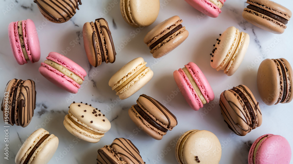 A collection of macarons, a popular French confection, scattered across a white marble surface. A collection of macarons, a popular French confection, scattered across a white marble surface.