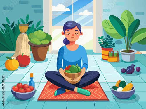 vector of Person meditating with fresh vegetables in a basket on a clean floor.