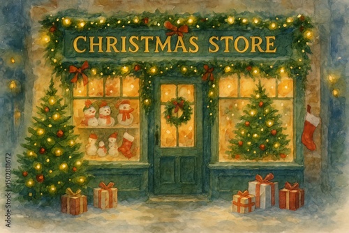 A watercolor painting of a christmas store front with christmas trees and gifts in the snow outside