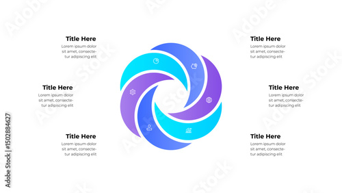 Circular infographic with 6 sections displaying business, data, and global concepts. Perfect for presentations, educational materials, and creative design projects