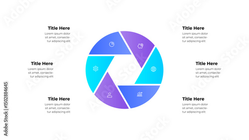 Circular infographic design featuring six segments with icons symbolizing various concepts such as business, global aspects, and finance, suitable for presentations and educational materials