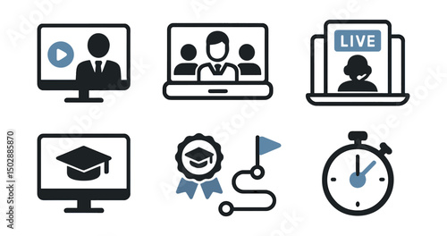 Two-Color vector icons of online learning: video lecture, virtual classroom, live webinar, course playlist. Learning platform, certificate badge, learning path, study timer.