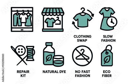 Two-Color vector icons of conscious fashion: capsule wardrobe, thrift shop icon, clothing swap, slow fashion. Repair kit, natural dye icon, no fast fashion, eco fiber tag.