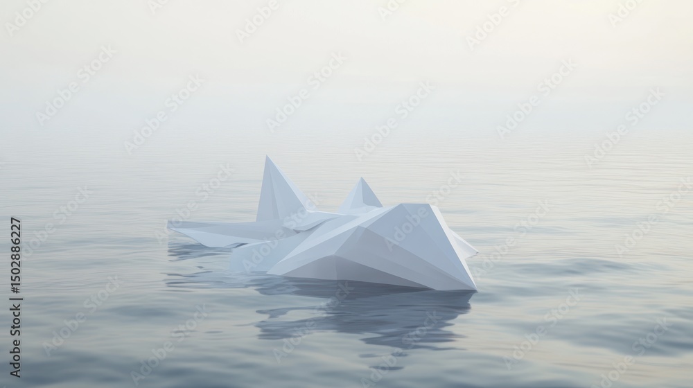 Obraz premium Abstract white polygonal form adrift on tranquil water.