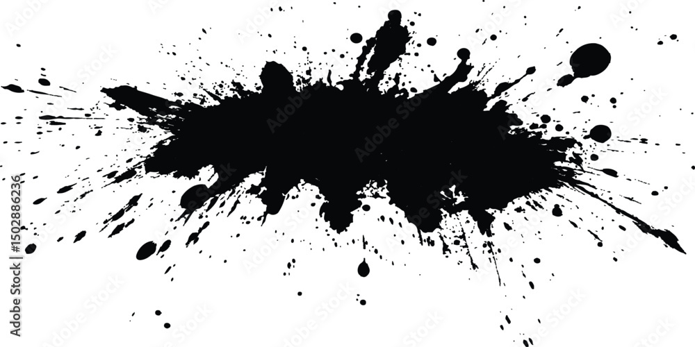 Black ink Splatter, black paint, ink brush strokes, brushes, lines, grungy. Black inked splatter dirt stain splattered spray splash with drops blots. White background.