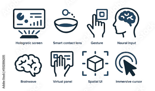 Two-Color vector icons of future interfaces: holographic screen, smart contact lens, gesture navigation, neural input. Brainwave icon, virtual panel, spatial UI, immersive cursor.