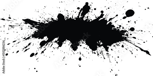 Black ink Splatter, black paint, ink brush strokes, brushes, lines, grungy. Black inked splatter dirt stain splattered spray splash with drops blots. White background. 